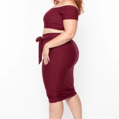 Curvy Sense Matching Sets Plus Size Off The Shoulder Textured Matching Set - Burgundy