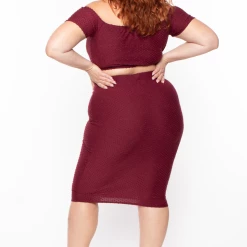 Curvy Sense Matching Sets Plus Size Off The Shoulder Textured Matching Set - Burgundy