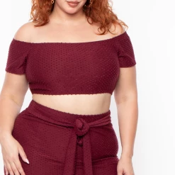 Curvy Sense Matching Sets Plus Size Off The Shoulder Textured Matching Set - Burgundy