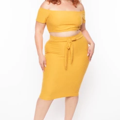 Curvy Sense Plus Size Off The Shoulder Textured Matching Set - Mustard