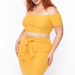 Curvy Sense Plus Size Off The Shoulder Textured Matching Set - Mustard