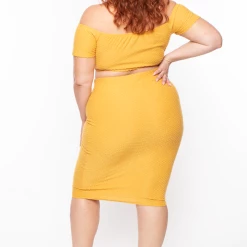 Curvy Sense Plus Size Off The Shoulder Textured Matching Set - Mustard