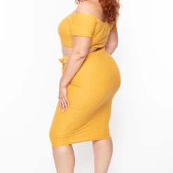 Curvy Sense Plus Size Off The Shoulder Textured Matching Set - Mustard