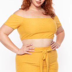 Curvy Sense Plus Size Off The Shoulder Textured Matching Set - Mustard
