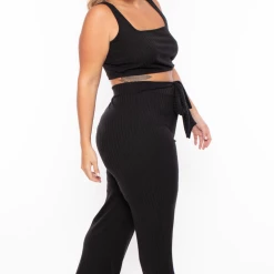 Curvy Sense Plus Size Ribbed Crop Top And Pants Set - Black 11 Curvy Sense Plus Size Ribbed Crop Top And Pants Set - Black