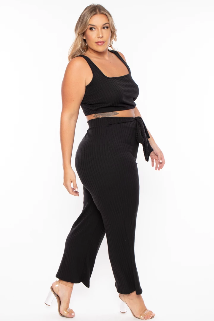 Curvy Sense Plus Size Ribbed Crop Top And Pants Set - Black 7 Curvy Sense Plus Size Ribbed Crop Top And Pants Set - Black