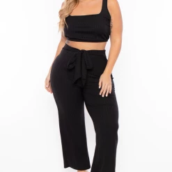 Curvy Sense Plus Size Ribbed Crop Top And Pants Set - Black 9 Curvy Sense Plus Size Ribbed Crop Top And Pants Set - Black