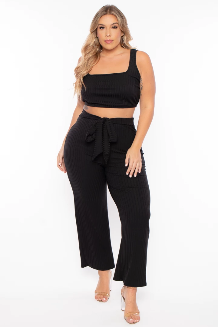 Curvy Sense Plus Size Ribbed Crop Top And Pants Set - Black 5 Curvy Sense Plus Size Ribbed Crop Top And Pants Set - Black