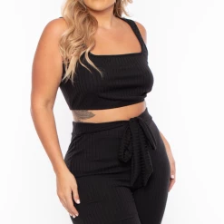 Curvy Sense Plus Size Ribbed Crop Top And Pants Set - Black