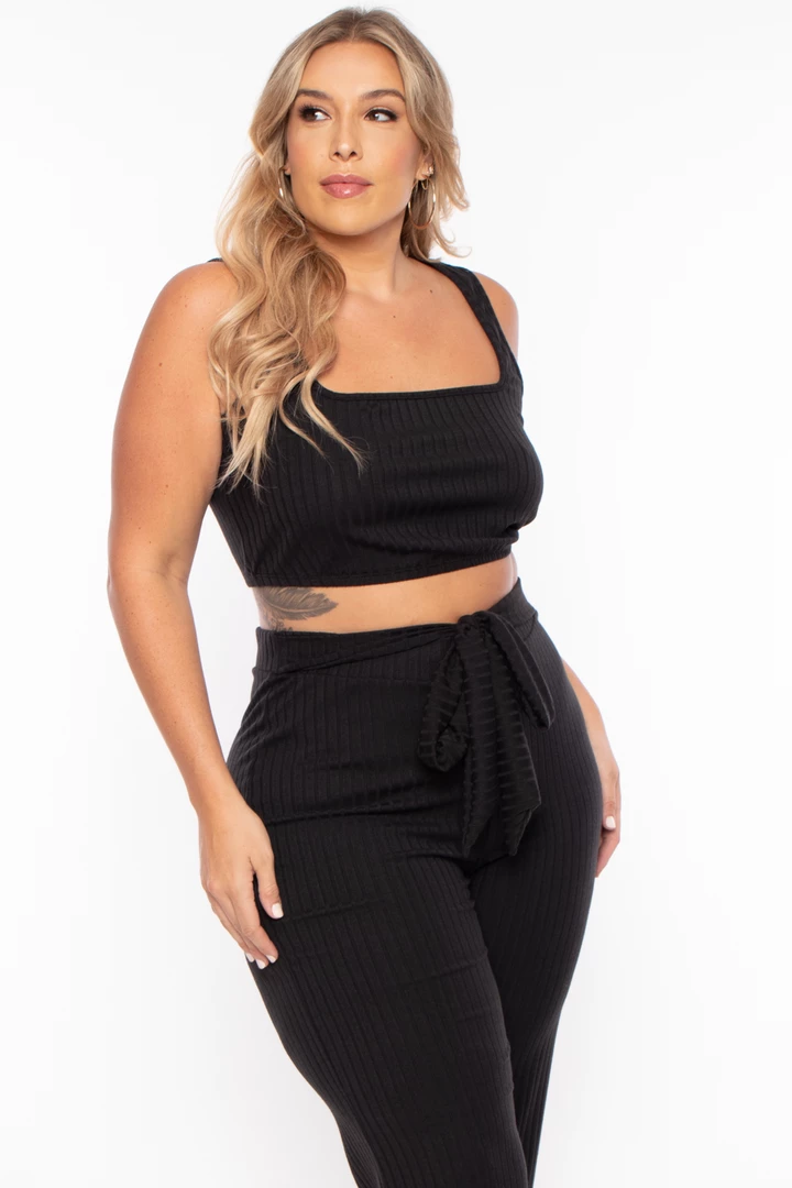 Curvy Sense Plus Size Ribbed Crop Top And Pants Set - Black 4 Curvy Sense Plus Size Ribbed Crop Top And Pants Set - Black