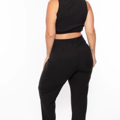 Curvy Sense Plus Size Ribbed Crop Top And Pants Set - Black 10 Curvy Sense Plus Size Ribbed Crop Top And Pants Set - Black