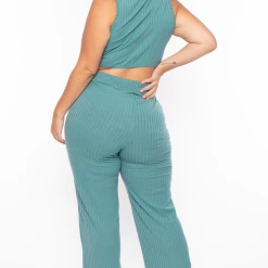 Curvy Sense Plus Size Ribbed Crop Top And Pants Set - Teal Matching Sets 12 Curvy Sense Plus Size Ribbed Crop Top And Pants Set - Teal Matching Sets