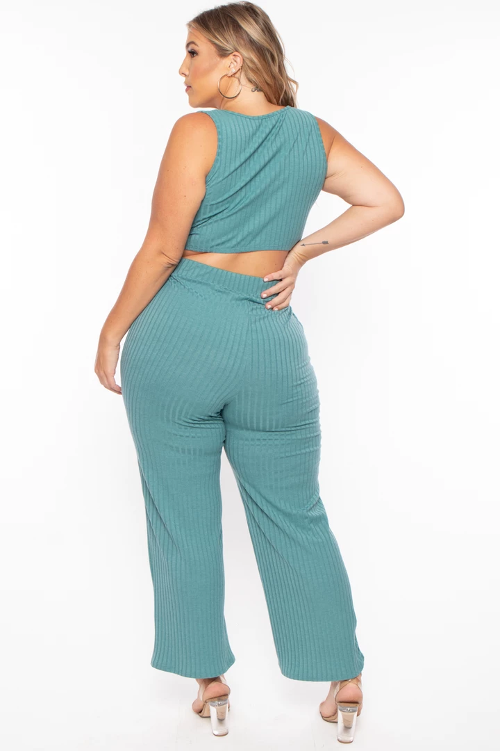 Curvy Sense Plus Size Ribbed Crop Top And Pants Set - Teal Matching Sets 7 Curvy Sense Plus Size Ribbed Crop Top And Pants Set - Teal Matching Sets