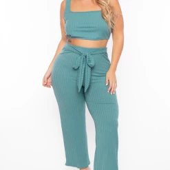 Curvy Sense Plus Size Ribbed Crop Top And Pants Set - Teal Matching Sets 13 Curvy Sense Plus Size Ribbed Crop Top And Pants Set - Teal Matching Sets