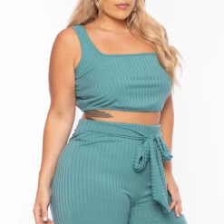 Curvy Sense Plus Size Ribbed Crop Top And Pants Set - Teal Matching Sets 9 Curvy Sense Plus Size Ribbed Crop Top And Pants Set - Teal Matching Sets