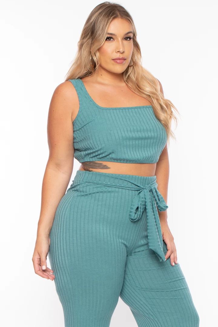 Curvy Sense Plus Size Ribbed Crop Top And Pants Set - Teal Matching Sets 4 Curvy Sense Plus Size Ribbed Crop Top And Pants Set - Teal Matching Sets
