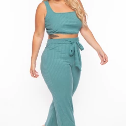 Curvy Sense Plus Size Ribbed Crop Top And Pants Set - Teal Matching Sets 11 Curvy Sense Plus Size Ribbed Crop Top And Pants Set - Teal Matching Sets