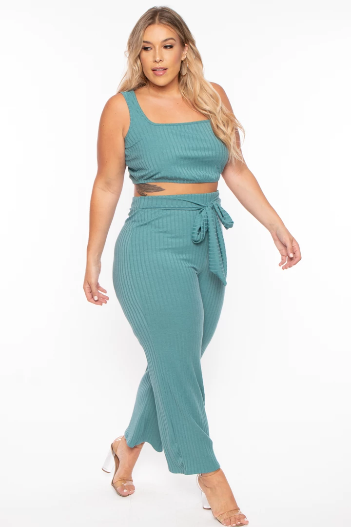 Curvy Sense Plus Size Ribbed Crop Top And Pants Set - Teal Matching Sets 6 Curvy Sense Plus Size Ribbed Crop Top And Pants Set - Teal Matching Sets