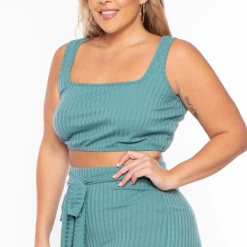 Curvy Sense Plus Size Ribbed Crop Top And Pants Set - Teal Matching Sets 10 Curvy Sense Plus Size Ribbed Crop Top And Pants Set - Teal Matching Sets