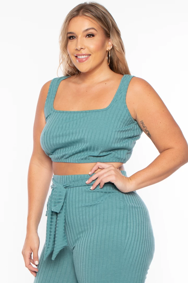 Curvy Sense Plus Size Ribbed Crop Top And Pants Set - Teal Matching Sets 5 Curvy Sense Plus Size Ribbed Crop Top And Pants Set - Teal Matching Sets