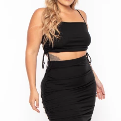 Curvy Sense Plus Size Ruched Crop Top & Skirt Set - Black