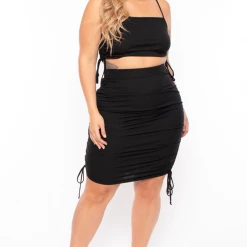 Curvy Sense Plus Size Ruched Crop Top & Skirt Set - Black