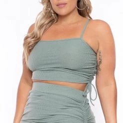 Curvy Sense Matching Sets Plus Size Ruched Crop Top & Skirt Set - Sage
