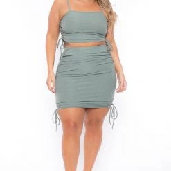 Curvy Sense Matching Sets Plus Size Ruched Crop Top & Skirt Set - Sage