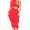 Curvy Sense Matching Sets Plus Size Sora Crop Top & Skirt Set - Red