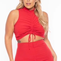 Curvy Sense Matching Sets Plus Size Sora Crop Top & Skirt Set - Red