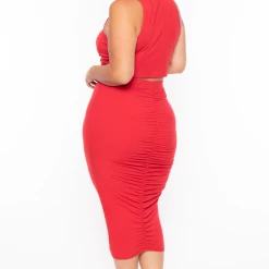 Curvy Sense Matching Sets Plus Size Sora Crop Top & Skirt Set - Red