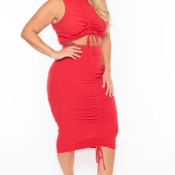 Curvy Sense Matching Sets Plus Size Sora Crop Top & Skirt Set - Red