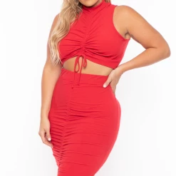 Curvy Sense Matching Sets Plus Size Sora Crop Top & Skirt Set - Red
