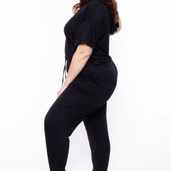 Curvy Sense Matching Sets Plus Size Stelle Crop Hoodie & Joggers Set - Black