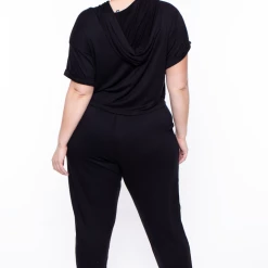 Curvy Sense Matching Sets Plus Size Stelle Crop Hoodie & Joggers Set - Black