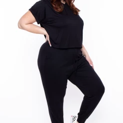 Curvy Sense Matching Sets Plus Size Stelle Crop Hoodie & Joggers Set - Black