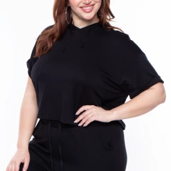 Curvy Sense Matching Sets Plus Size Stelle Crop Hoodie & Joggers Set - Black