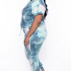 Curvy Sense Matching Sets Plus Size Stelle Tie Dye Crop Hoodie & Joggers Set - Green