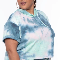 Curvy Sense Matching Sets Plus Size Stelle Tie Dye Crop Hoodie & Joggers Set - Green
