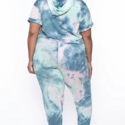 Curvy Sense Matching Sets Plus Size Stelle Tie Dye Crop Hoodie & Joggers Set - Green
