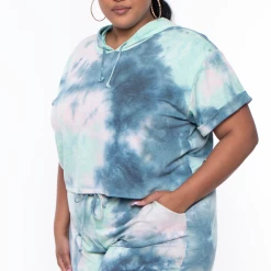 Curvy Sense Matching Sets Plus Size Stelle Tie Dye Crop Hoodie & Joggers Set - Green