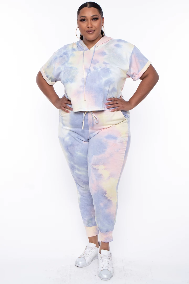 Curvy Sense Plus Size Stelle Tie Dye Crop Hoodie & Joggers Set - Yellow Matching Sets 3 Curvy Sense Plus Size Stelle Tie Dye Crop Hoodie & Joggers Set - Yellow Matching Sets