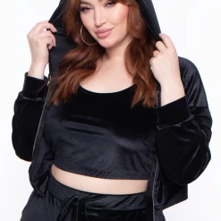 Curvy Sense Sale Plus Size Yvonne Velour Hoodie Jacket - Black