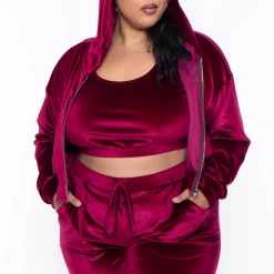 Curvy Sense Sale Plus Size Yvonne Velour Hoodie Jacket - Burgundy