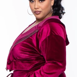 Curvy Sense Sale Plus Size Yvonne Velour Hoodie Jacket - Burgundy