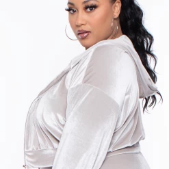 Curvy Sense Plus Size Yvonne Velour Hoodie Jacket - Stone Sale