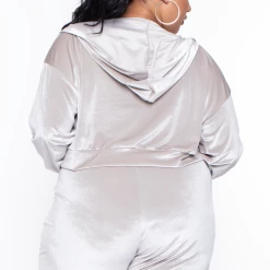 Curvy Sense Plus Size Yvonne Velour Hoodie Jacket - Stone Sale
