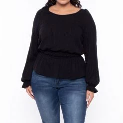 Curvy Sense Plus Size Yara Faux Cashmere Sweater Knit - Black Tops