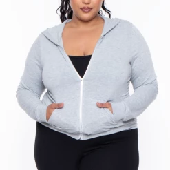Curvy Sense Essential Mix Plus Size Essential Cropped Zip-Up Hoodie - Heather Grey