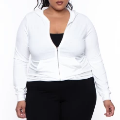 Curvy Sense Essential Mix Plus Size Essential Cropped Zip-Up Hoodie - Ivory
